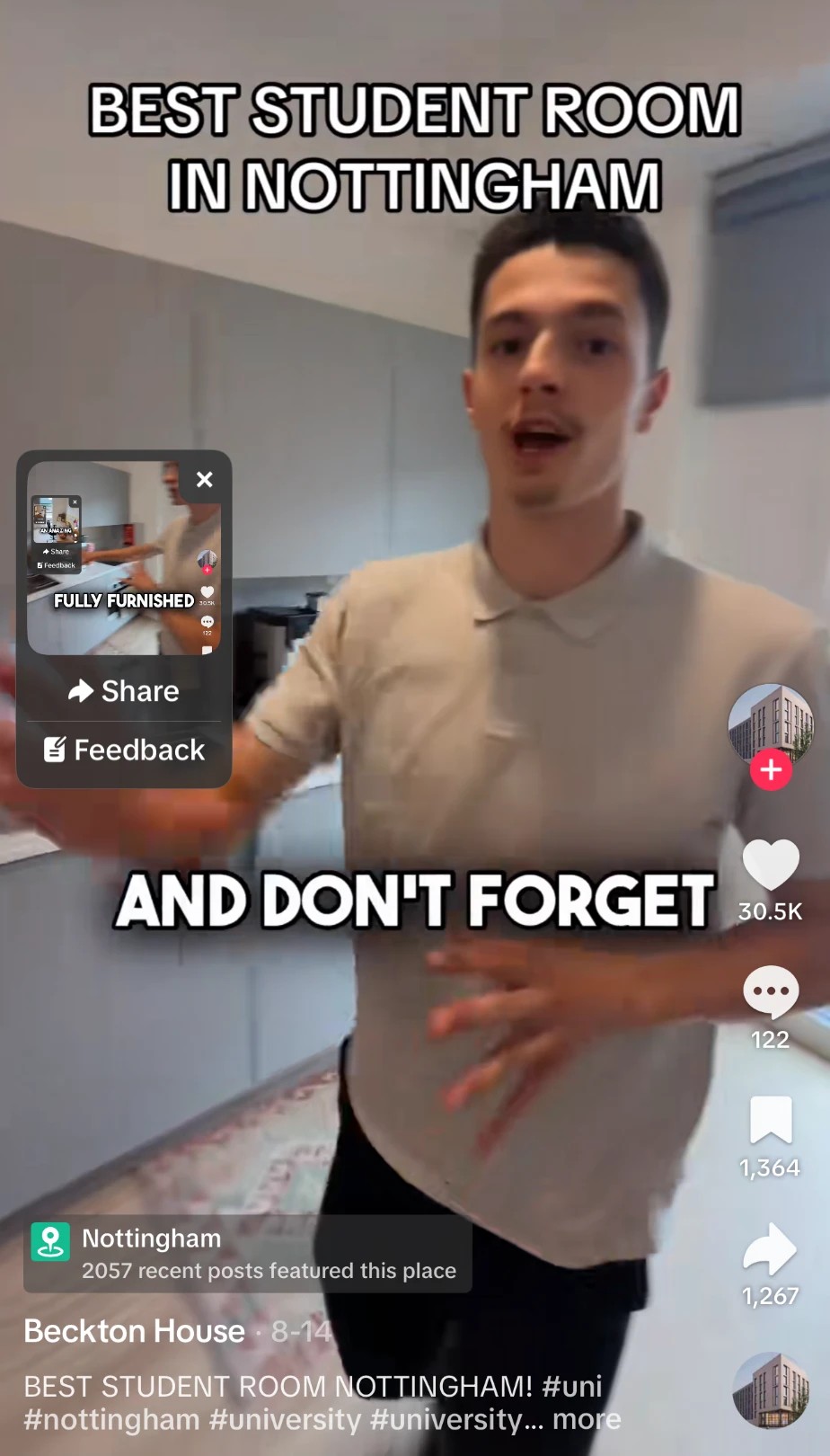 Original Beckton House TikTok screenshot showing 30.5K likes, 1,364 saves and 1,267 shares