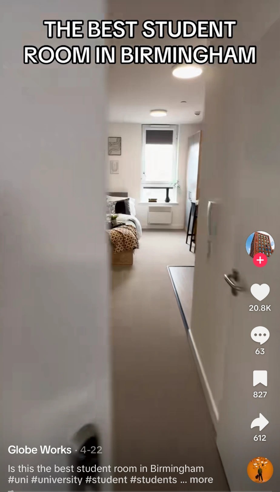 Original Globe Works TikTok screenshot showing 20.8K likes, 827 saves and 612 shares